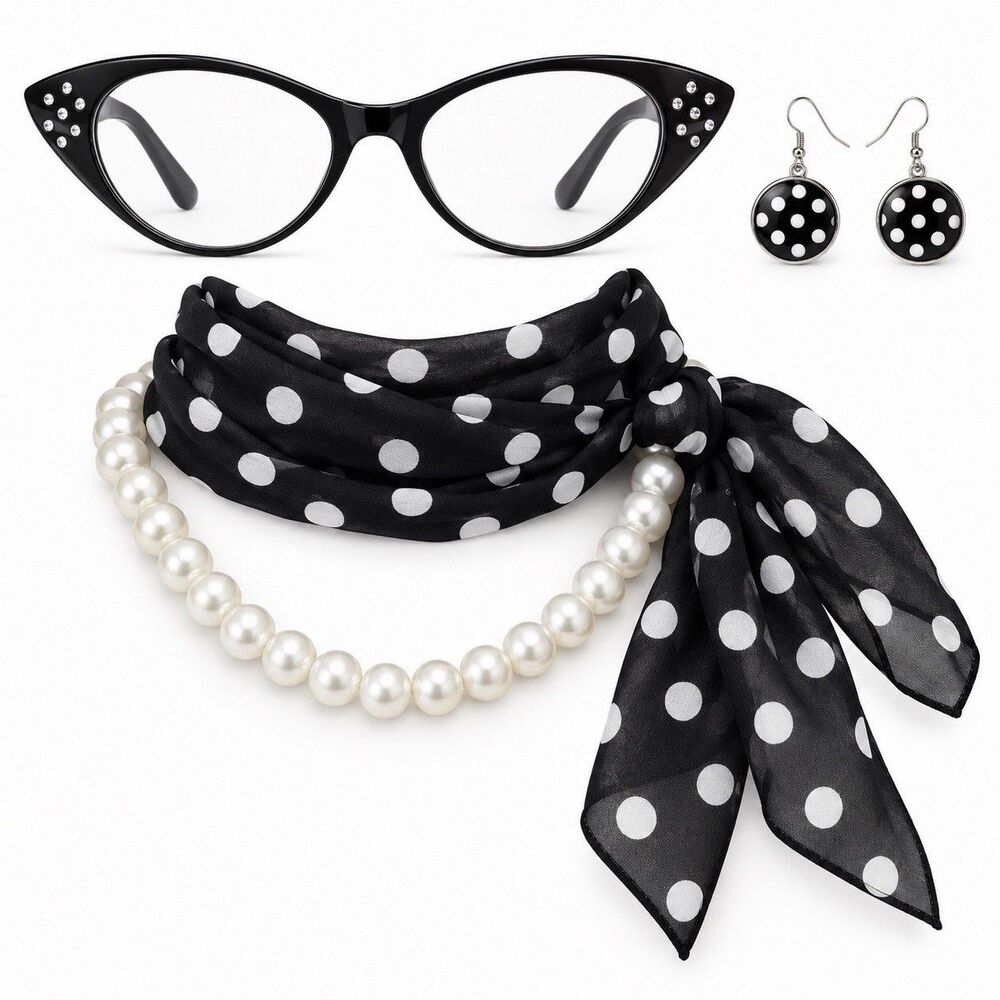 50s Costume Accessories Set Cat Eye Glasses Pearls Scarf Earrings Black